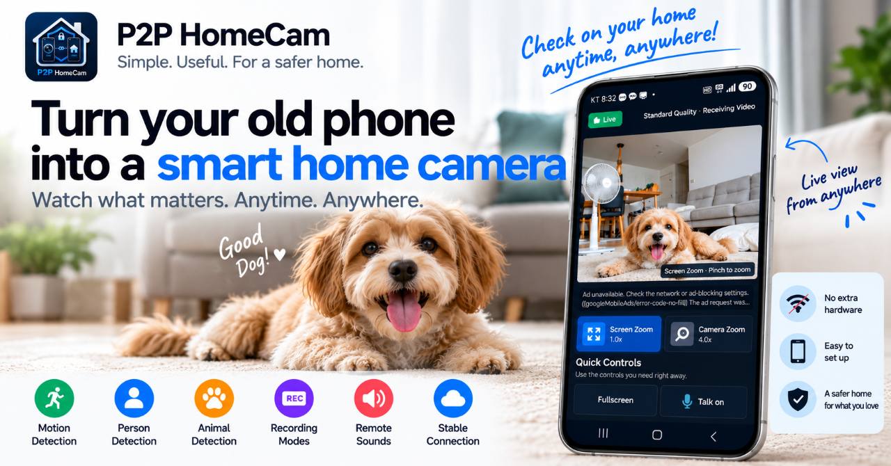 P2P HomeCam smart home camera features shown with a pet camera live view